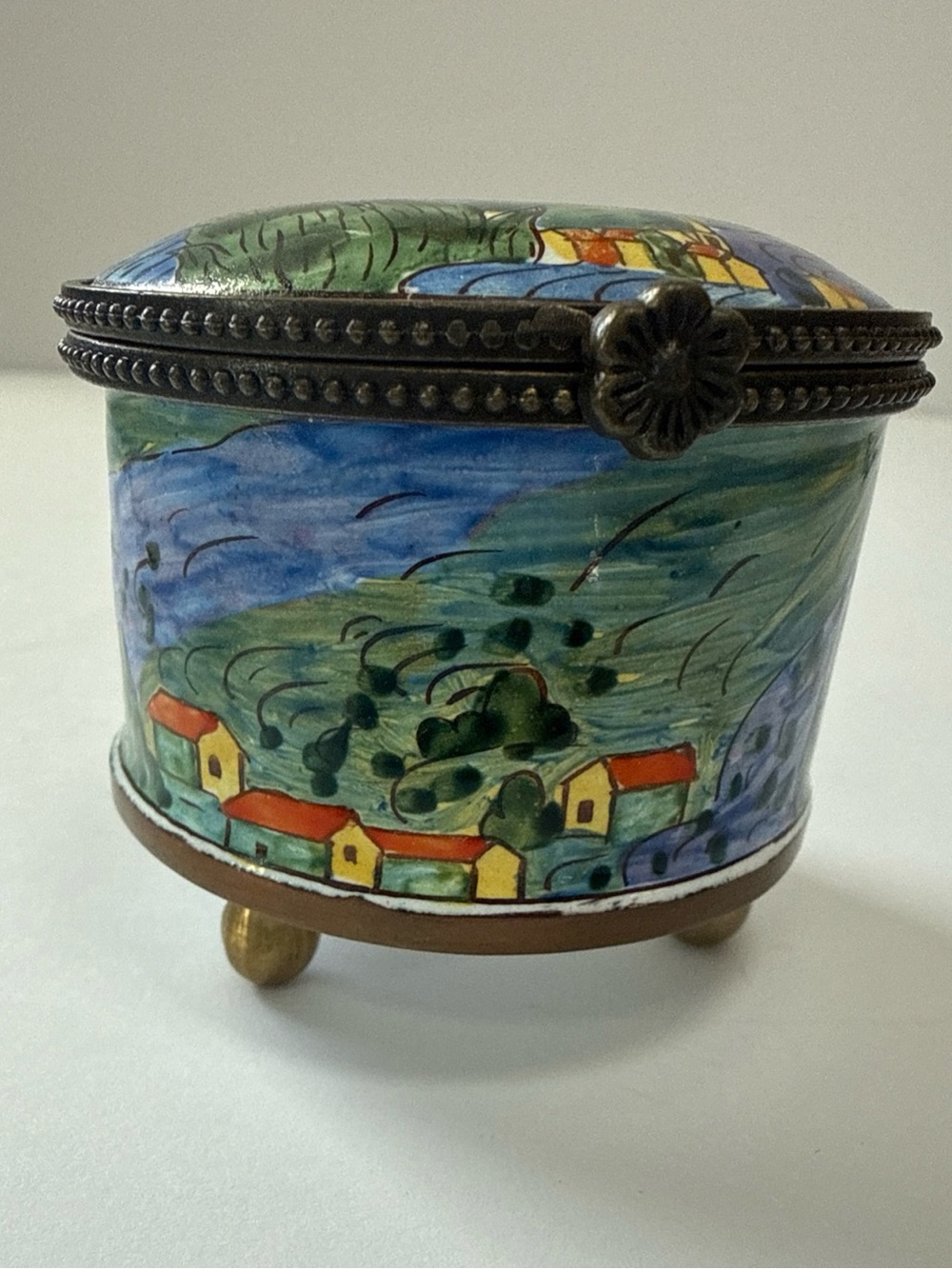 Kelvin  Chen Hand-Painted Ceramic Trinket Box/stamp dispenser RARE Starry Night